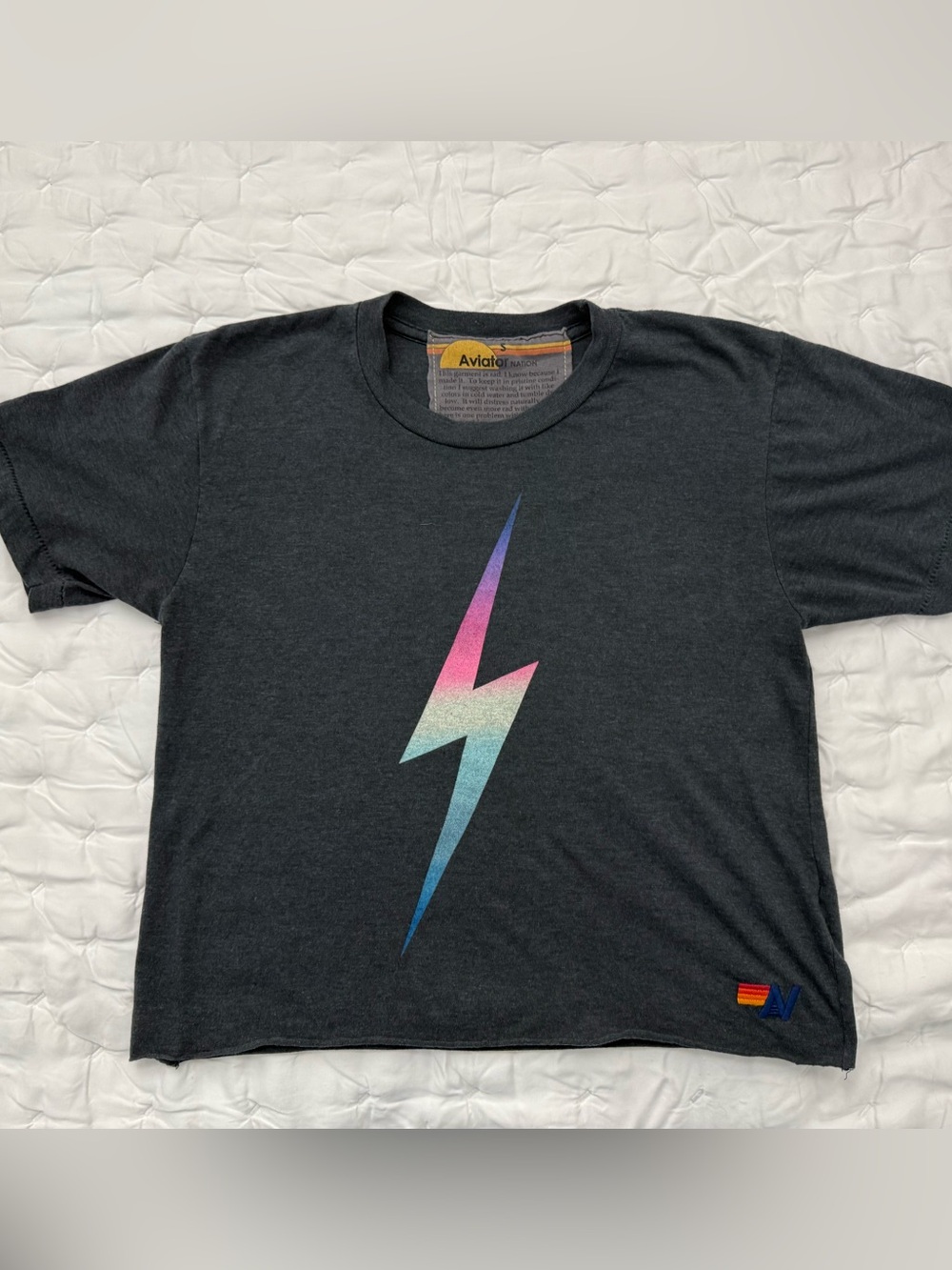 Aviator Nation Bolt Tee Charcoal Rainbow Lightning Graphic T-Shirt Small